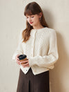COMOBOCA White 100% Wool Women's Cable Knit Button Cardigan