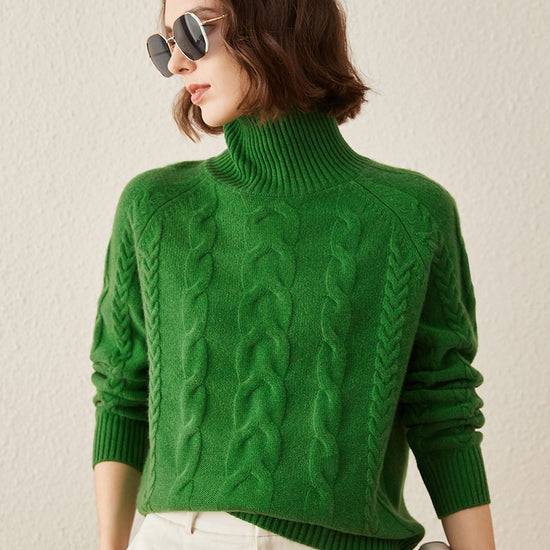 COMOBOCA Green 100% Cashmere Women's Turtleneck Cable Knit Sweater