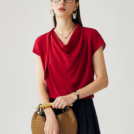 COMOBOCA Red 100% Mulberry Silk Women's Draped Cowl Neck Blouse