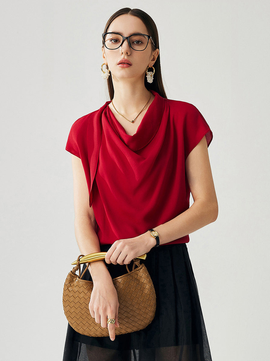 COMOBOCA Red 100% Mulberry Silk Women's Draped Cowl Neck Blouse