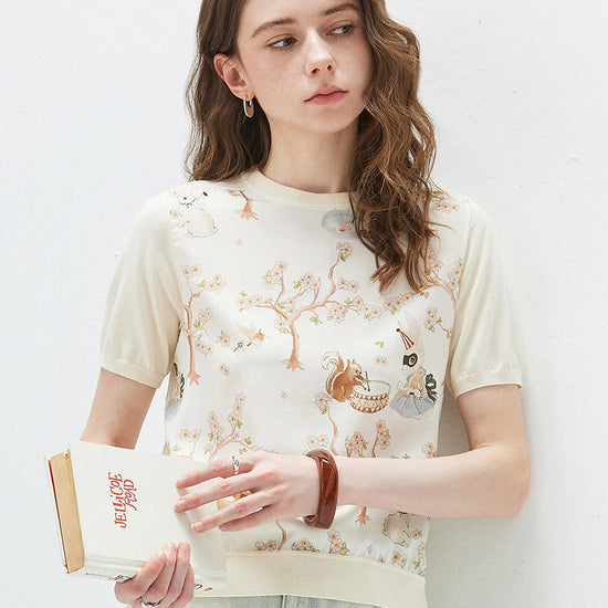 COMOBOCA Beige Women's Mixed Print Short Sleeve Knit Top