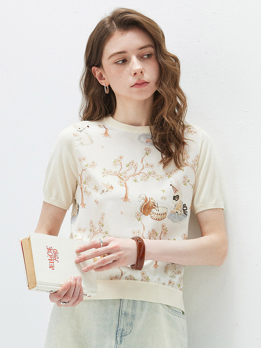 COMOBOCA Beige Women's Mixed Print Short Sleeve Knit Top