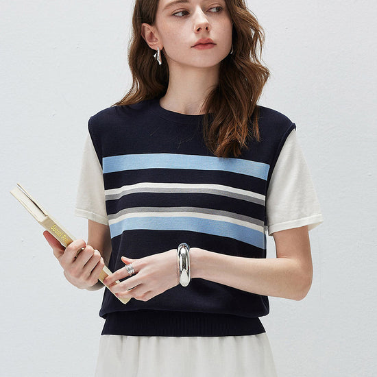 COMOBOCA Striped Women's Striped Layered Knit T-Shirt