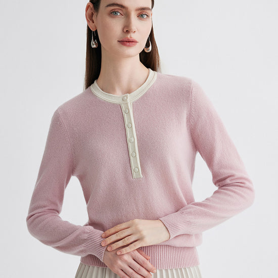 COMOBOCA Light Pink 100% Cashmere Women's Contrast Trim Button Front Sweater