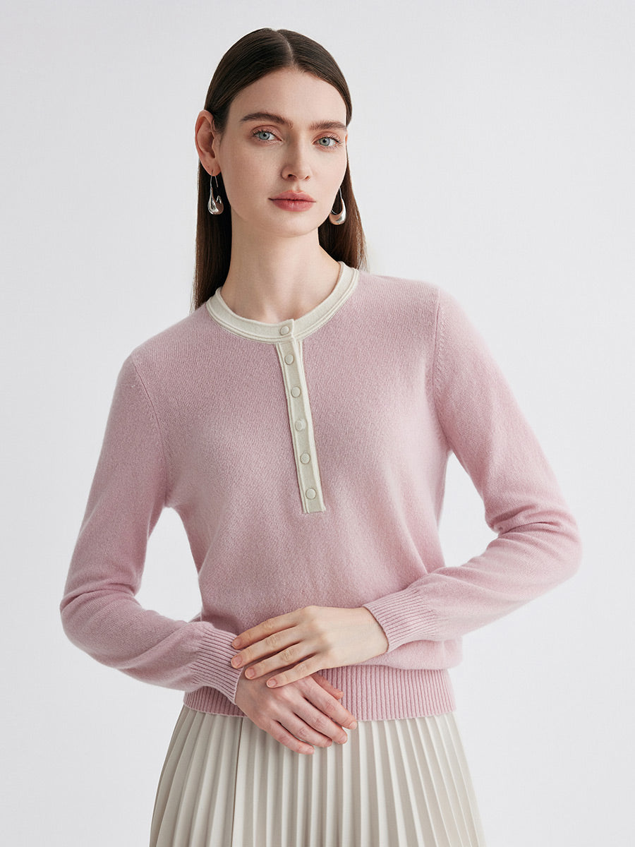 COMOBOCA Light Pink 100% Cashmere Women's Contrast Trim Button Front Sweater