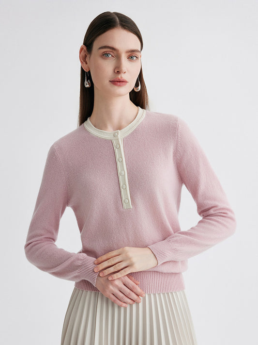 COMOBOCA Light Pink 100% Cashmere Women's Contrast Trim Button Front Sweater