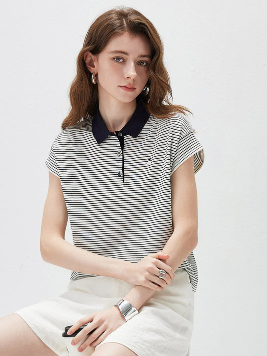 Women’s Mulberry Silk Knit Polo T-Shirt with Contrast Striped