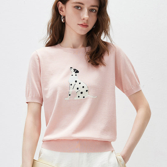 COMOBOCA Light Pink Women's Dalmatian Intarsia Knit T-Shirt