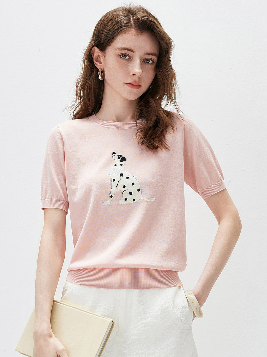 COMOBOCA Light Pink Women's Dalmatian Intarsia Knit T-Shirt
