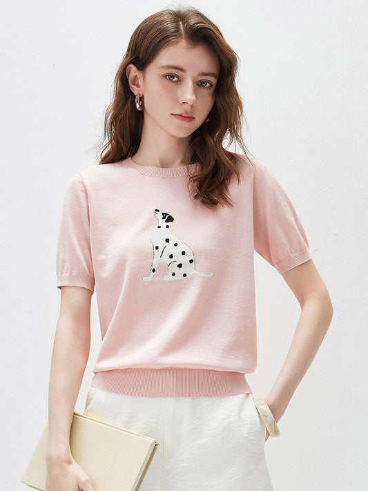 COMOBOCA Light Pink Women's Dalmatian Intarsia Knit T-Shirt
