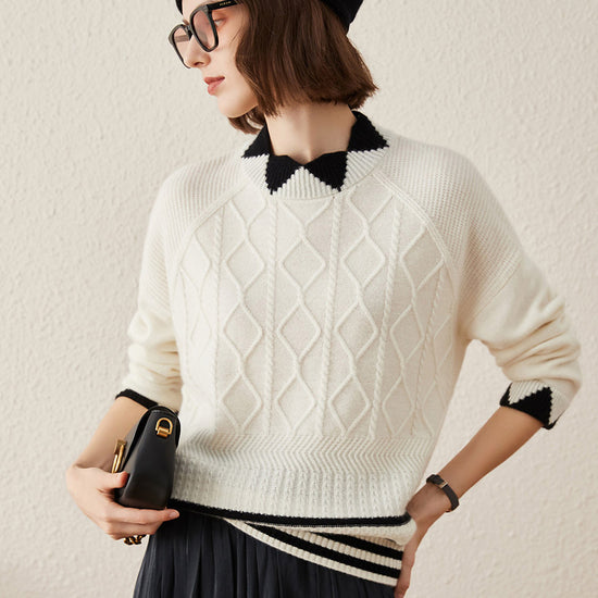 COMOBOCA 100% Cashmere Women's Contrast Jacquard Mock Neck Sweater