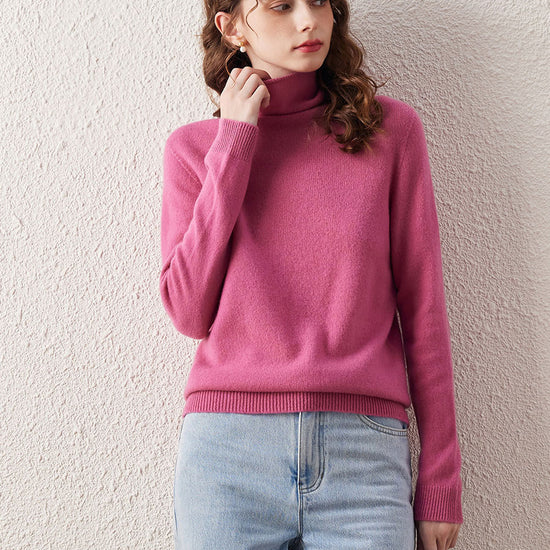 COMOBOCA CRANBERRY 100% Wool Women's Ribbed Turtleneck Sweater