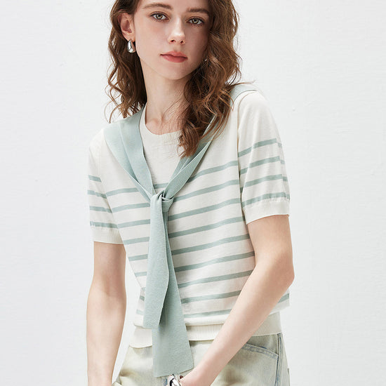 COMOBOCA Women's Striped Knit T-Shirt with Attached Shawl