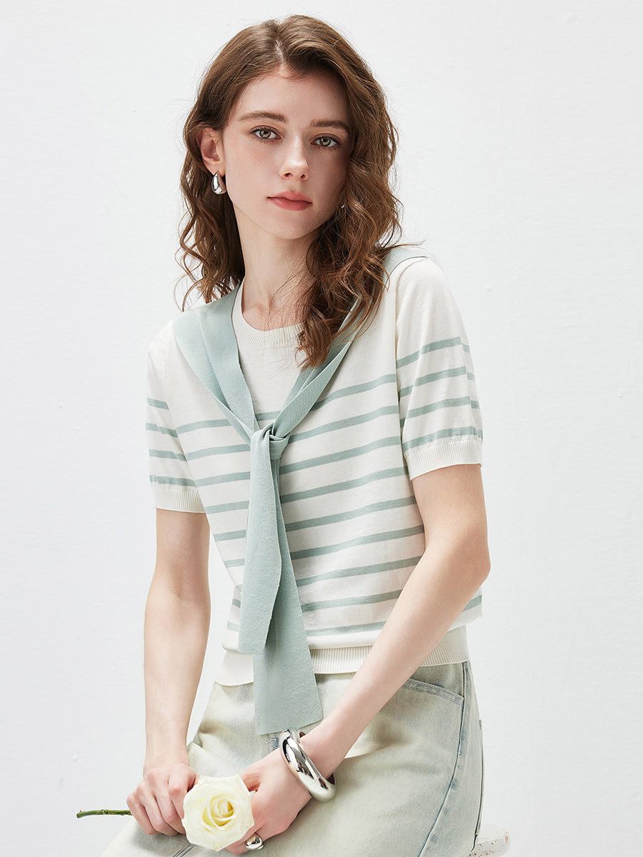 COMOBOCA Women's Striped Knit T-Shirt with Attached Shawl