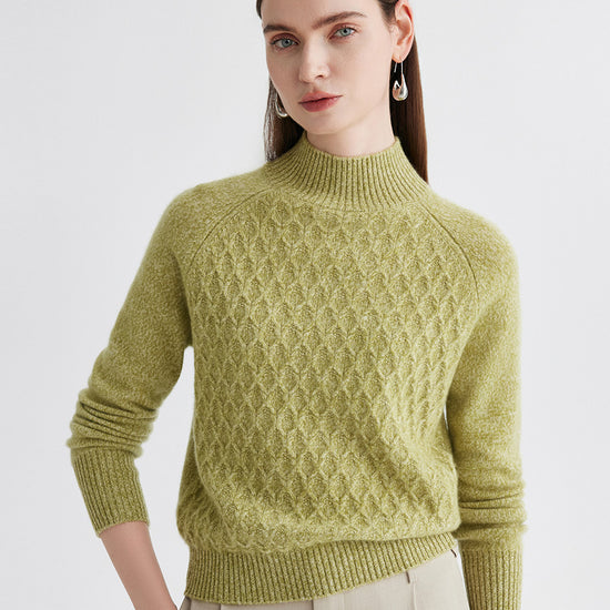 COMOBOCA Olive Green 100% Cashmere Women's Cable Knit Mock Neck Sweater