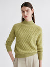 COMOBOCA Olive Green 100% Cashmere Women's Cable Knit Mock Neck Sweater