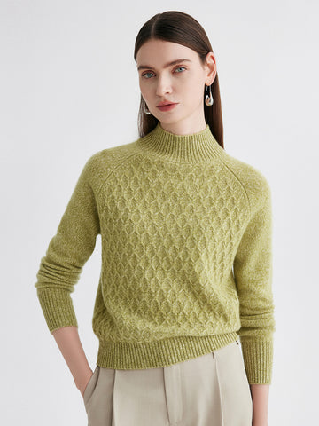COMOBOCA Olive Green 100% Cashmere Women's Cable Knit Mock Neck Sweater