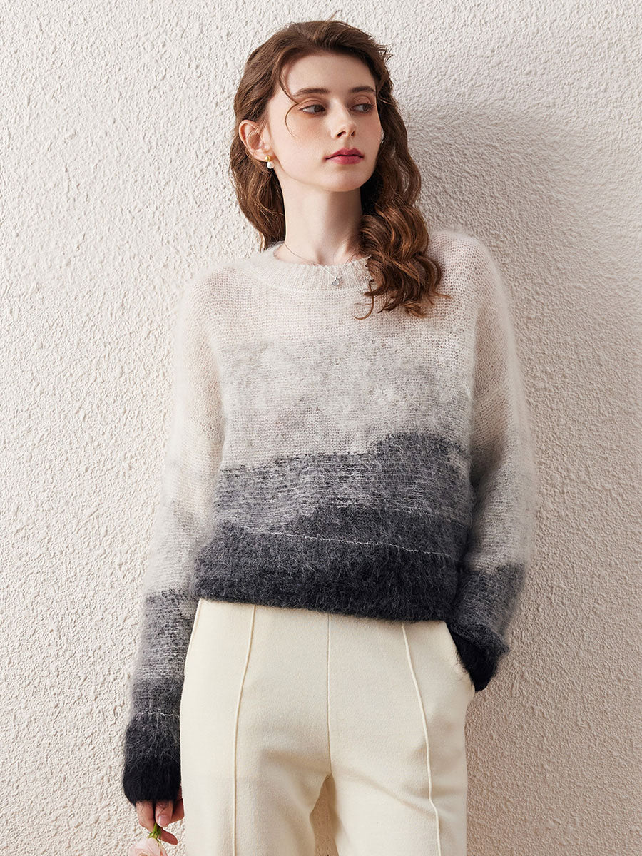 COMOBOCA Women's Mohair Crew Neck Gradient Knit Sweater