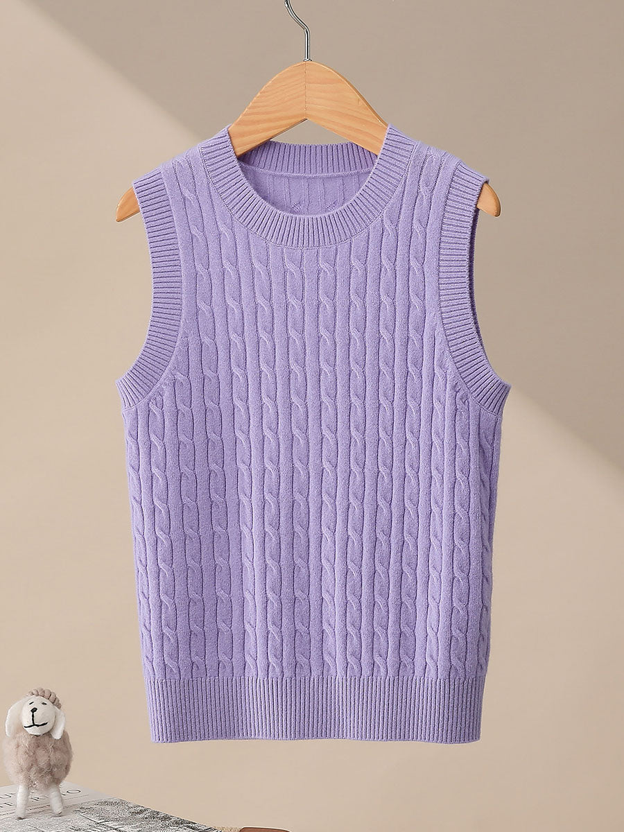 COMOBOCA Purple 100% Wool Kids' Cable Knit Round Neck Sweater Vest