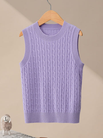 COMOBOCA Purple 100% Wool Kids' Cable Knit Round Neck Sweater Vest