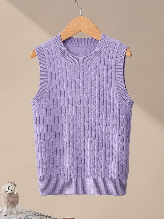 COMOBOCA Purple 100% Wool Kids' Cable Knit Round Neck Sweater Vest