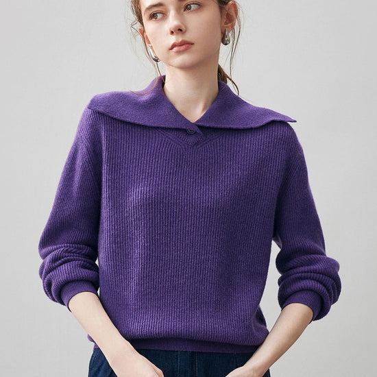 COMOBOCA Purple 100% Cashmere Women's Ribbed Sailor Collar Knit Sweater