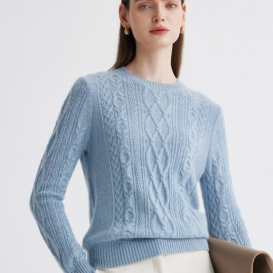 COMOBOCA 100% Cashmere Women's Cable Round Neck Knit Sweater