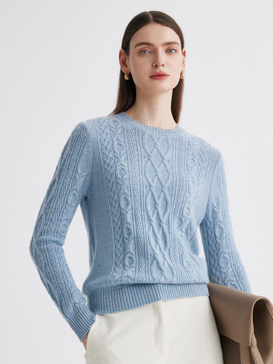 COMOBOCA 100% Cashmere Women's Cable Round Neck Knit Sweater