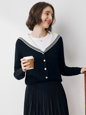 COMOBOCA Black 100% Cashmere Women's Sailor Collar Cardigan