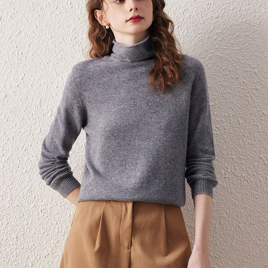 COMOBOCA GREY 100% Wool Women's Ribbed Turtleneck Sweater