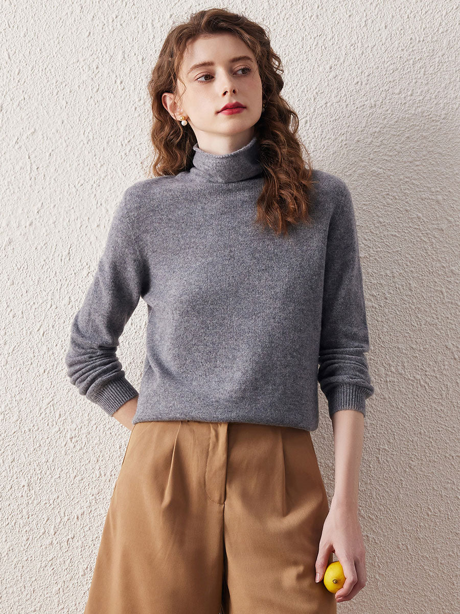 COMOBOCA GREY 100% Wool Women's Ribbed Turtleneck Sweater