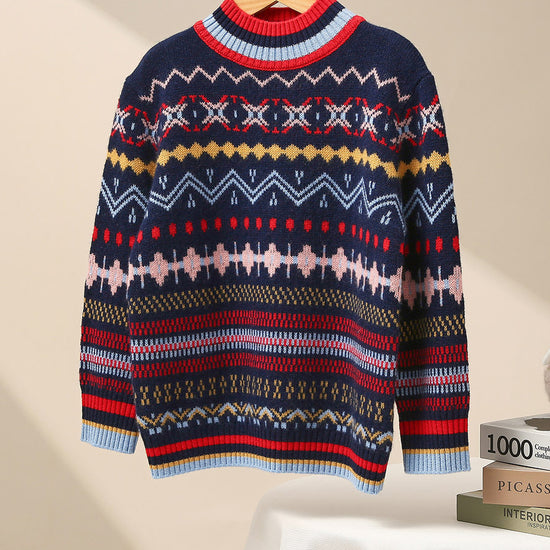 COMOBOCA Navy Blue 100% Wool Kids' Colorful Nordic Pattern Knit Sweater