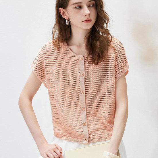 COMOBOCA Women's Openwork Mesh Knit Button Front Top