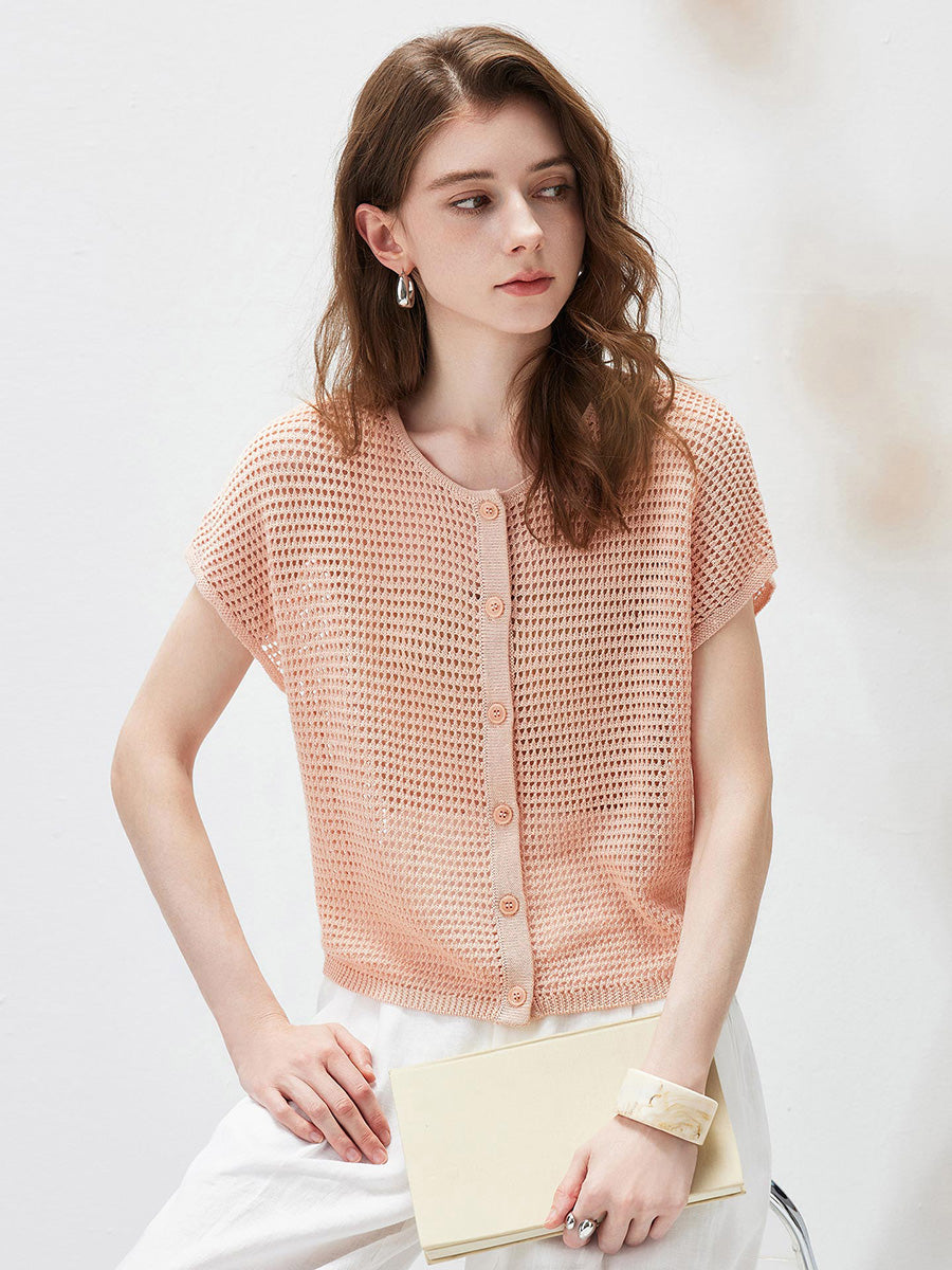 COMOBOCA Women's Openwork Mesh Knit Button Front Top