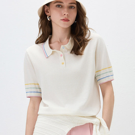 COMOBOCA White Women's Knit Polo Top with Rainbow Stripes