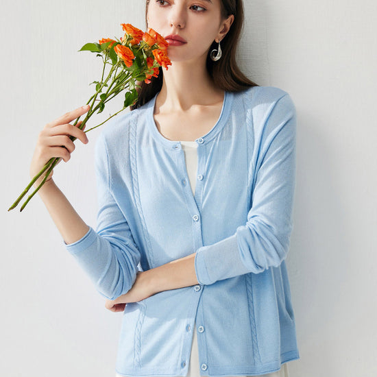 COMOBOCA Women's Button-Up Cardigan with Cable Knit Detail