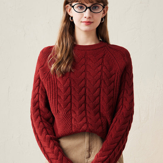 COMOBOCA Red 100% Wool Women's Cozy Cable Knit Sweater