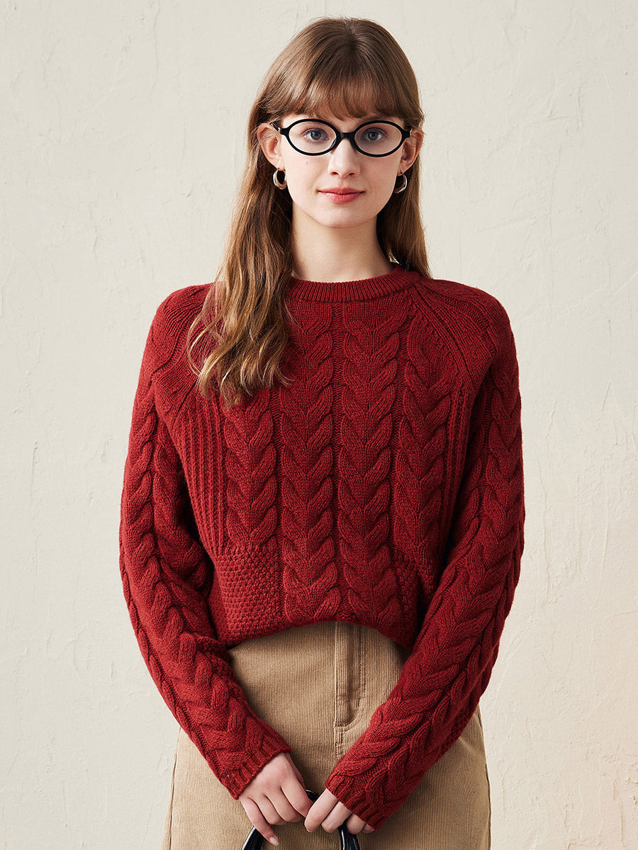COMOBOCA Red 100% Wool Women's Cozy Cable Knit Sweater