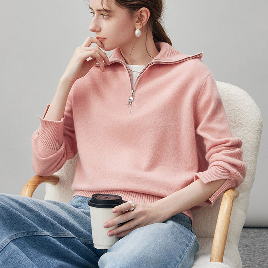 COMOBOCA 100% Cashmere Women's Half Zip Mock Neck Knit Sweater