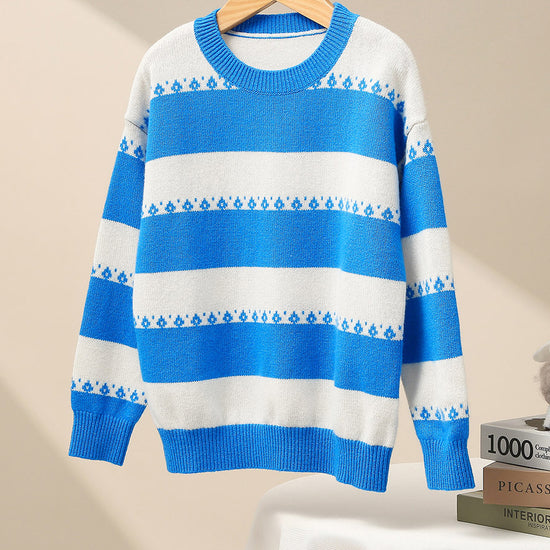 COMOBOCA Blue 100% Wool Kids' Striped Nordic Pattern Knit Sweater
