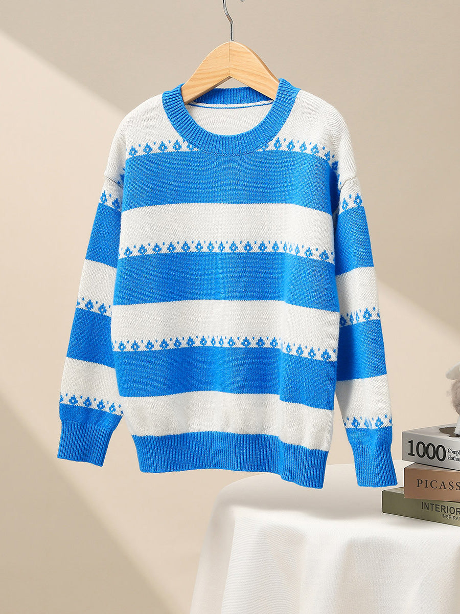 COMOBOCA Blue 100% Wool Kids' Striped Nordic Pattern Knit Sweater