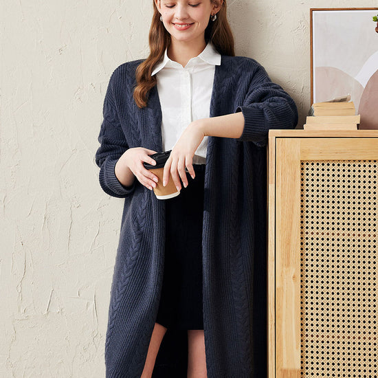 COMOBOCA Navy Blue 100% Wool Women's Cozy Cable Knit Long Coat