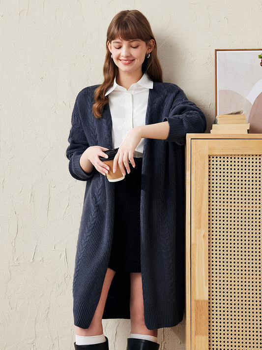 COMOBOCA Navy Blue 100% Wool Women's Cozy Cable Knit Long Coat