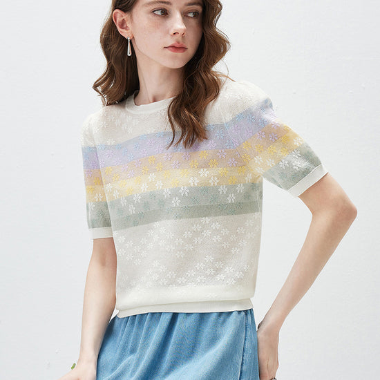 COMOBOCA Women's Rainbow Floral Semi Sheer Knit T-Shirt