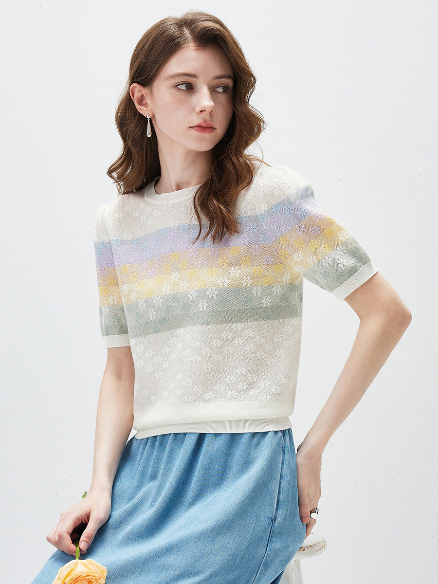 COMOBOCA Women's Rainbow Floral Semi Sheer Knit T-Shirt