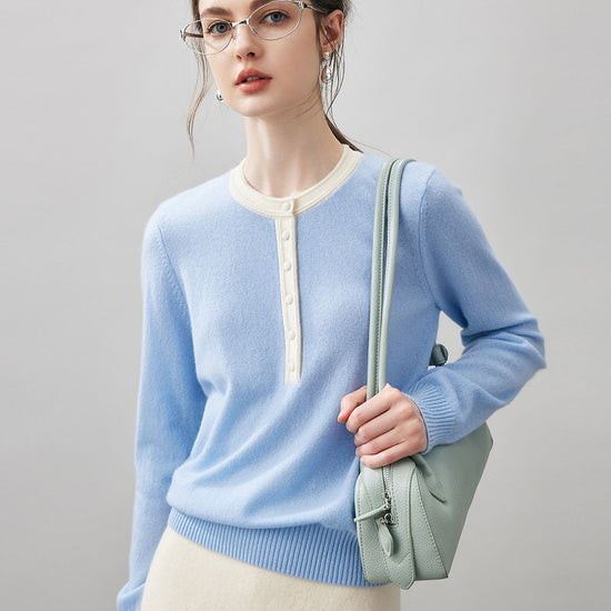 COMOBOCA 100% Cashmere Women's Contrast Trim Button Front Sweater