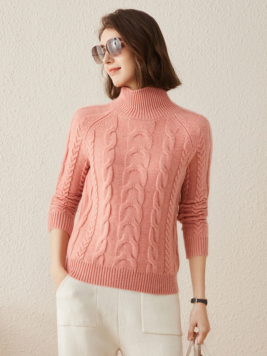 COMOBOCA Brick Red 100% Cashmere Women's Turtleneck Cable Knit Sweater