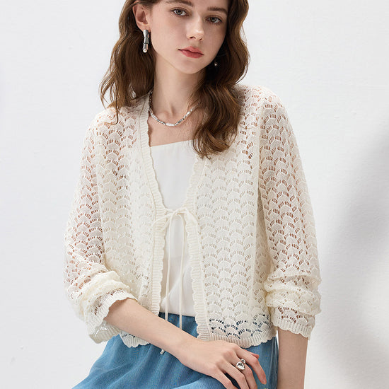 COMOBOCA Women's Linen Lace Knit Tie Front Cardigan
