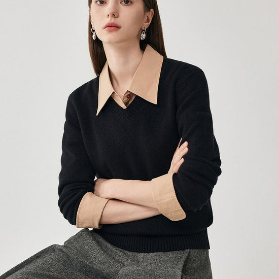 COMOBOCA 100% Wool Women's V-Neck Ribbed Knit Sweater