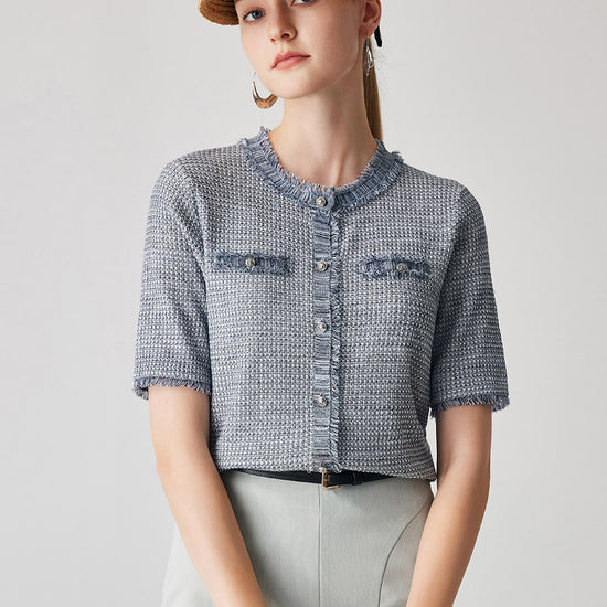 COMOBOCA Women's Cotton Silk Frayed Edge Button-Up Blouse